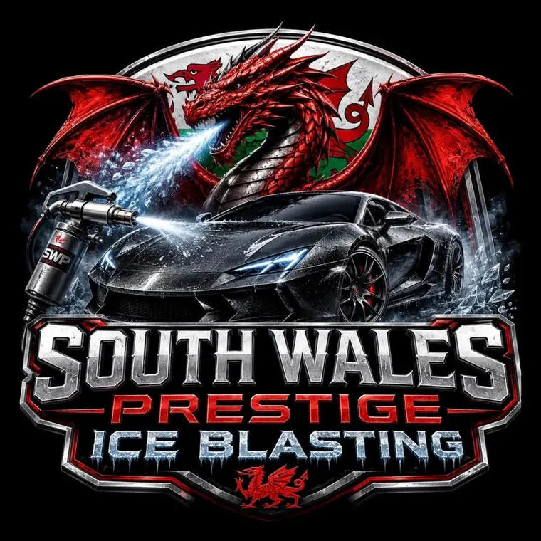 South Wales Prestige Ice Blasting badge: a red Welsh dragon over the national flag, breathing ice onto a black supercar